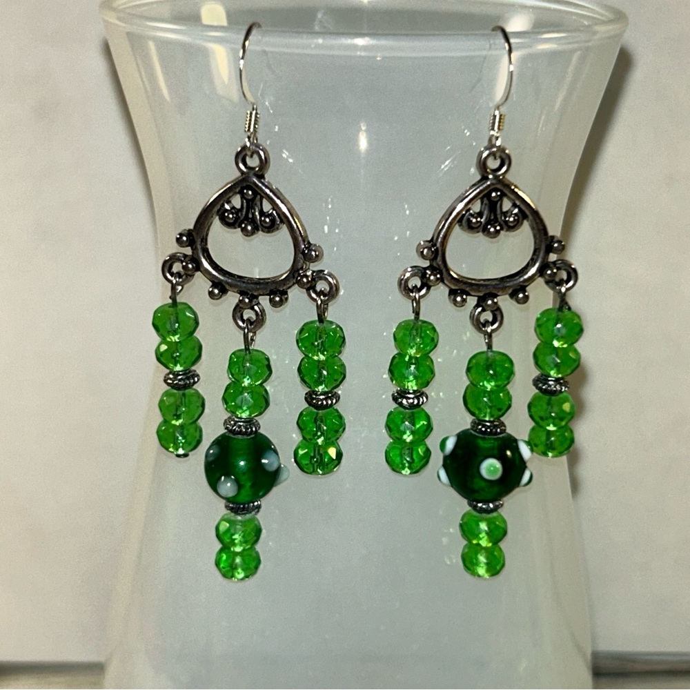 Shades of Green glass Silvertone chandelier Beaded Dangle Earrings